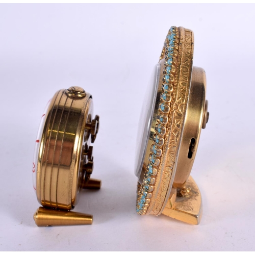 550 - TWO NOVELTY CLOCKS one inset with turquoise. Largest 8 cm wide. (2)