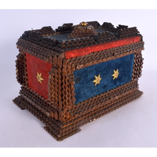 555 - A TRAMP ART CHIP CARVED CASKET. 22 cm x 15 cm.