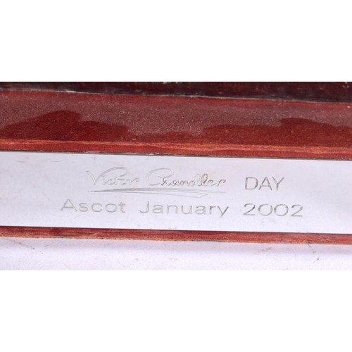 559 - A SILVER OVERLAID VICTOR CHANDLER HORSE RACING ASCOT 2002 PRESENTATION TROPHY. 32 cm x 32 cm.
