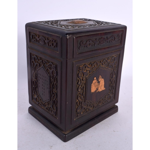560 - A CHINESE REPUBLICAN PERIOD HARDWOOD BOX AND COVER decorated with calligraphy and objects. 13 cm x 8... 