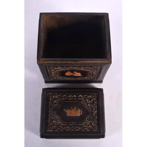 560 - A CHINESE REPUBLICAN PERIOD HARDWOOD BOX AND COVER decorated with calligraphy and objects. 13 cm x 8... 