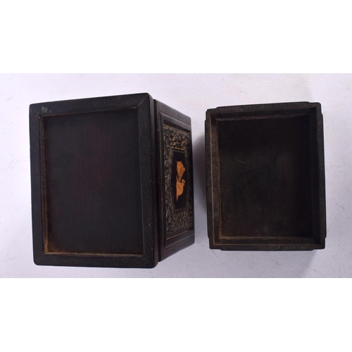 560 - A CHINESE REPUBLICAN PERIOD HARDWOOD BOX AND COVER decorated with calligraphy and objects. 13 cm x 8... 