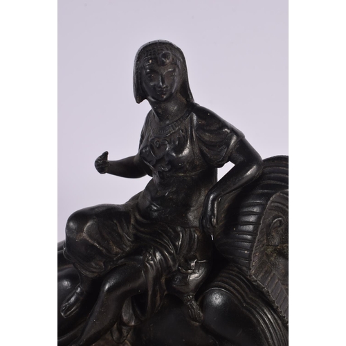 574 - A 19TH CENTURY EUROPEAN GRAND TOUR FIGURE OF CLEOPATRA modelled upon an ebonised sphinx. 34 cm x 18 ... 