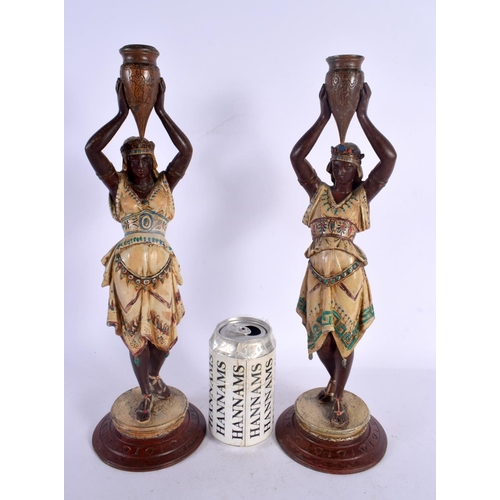 578 - A PAIR OF LATE 19TH CENTURY COLD PAINTED SPELTER CANDLESTICKS. 38 cm high.