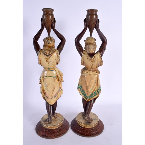 578 - A PAIR OF LATE 19TH CENTURY COLD PAINTED SPELTER CANDLESTICKS. 38 cm high.