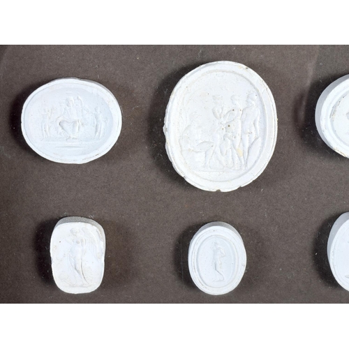 585 - A CHARMING SET OF SIX CASED EARLY 20TH CENTURY COUNTRY HOUSE INTAGLIOS PANELS. Largest 24 cm square.... 