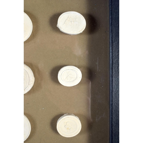 585 - A CHARMING SET OF SIX CASED EARLY 20TH CENTURY COUNTRY HOUSE INTAGLIOS PANELS. Largest 24 cm square.... 