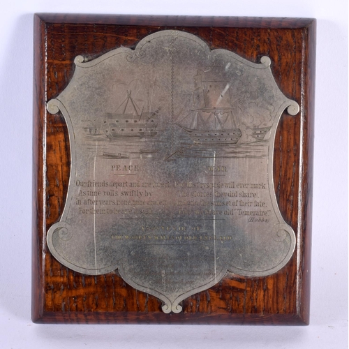 590 - A 19TH CENTURY WAR AND PEACE 1887 WOOD AND METAL SOUVENIR Maritime interest. 16 cm x 14 cm.