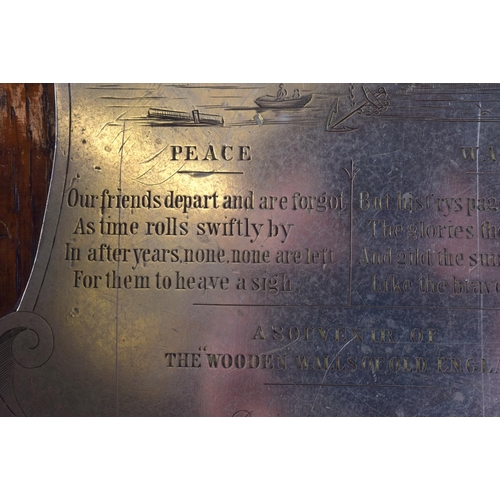 590 - A 19TH CENTURY WAR AND PEACE 1887 WOOD AND METAL SOUVENIR Maritime interest. 16 cm x 14 cm.