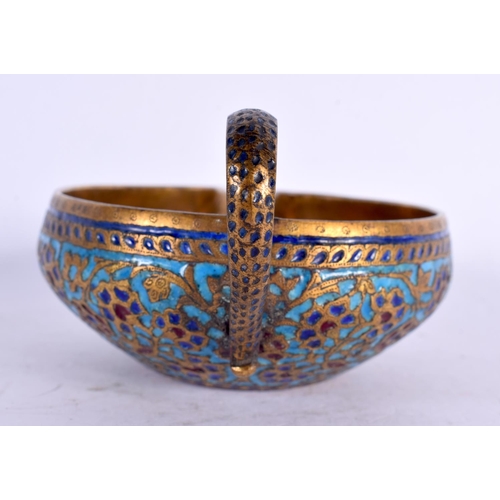 60 - A RARE 18TH/19TH CENTURY INDIAN ISLAMIC MIDDLE EASTERN BRONZE OIL BURNER enamelled all over with fol... 