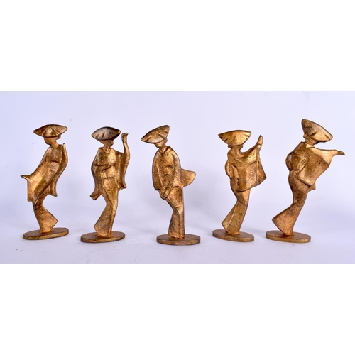 66 - A RARE SET OF JAPANESE TAISHO PERIOD STYLISED BRONZE FIGURES modelled upon shaped bases. Largest 24 ... 