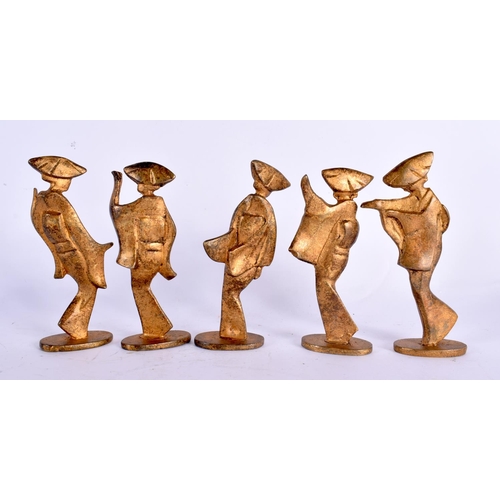 66 - A RARE SET OF JAPANESE TAISHO PERIOD STYLISED BRONZE FIGURES modelled upon shaped bases. Largest 24 ... 