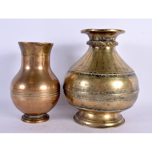 74 - AN 18TH CENTURY MIDDLE EASTERN INDIAN BRONZE VESSEL together with a smaller similar vase. Largest 17... 