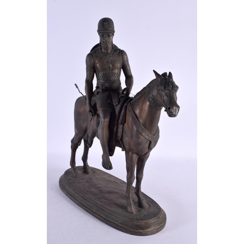 743E - A LARGE 19TH CENTURY EUROPEAN SPELTER FIGURE OF A MALE modelled on horseback. 48 cm x 30 cm.