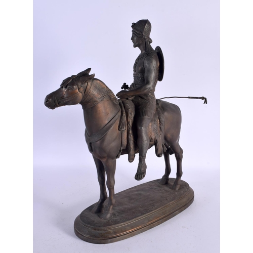 743E - A LARGE 19TH CENTURY EUROPEAN SPELTER FIGURE OF A MALE modelled on horseback. 48 cm x 30 cm.