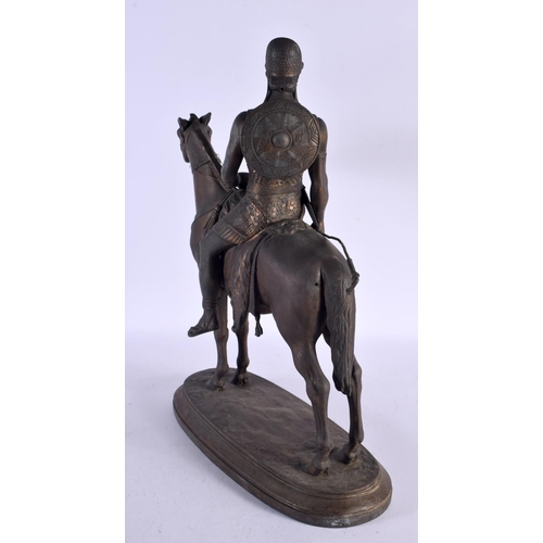 743E - A LARGE 19TH CENTURY EUROPEAN SPELTER FIGURE OF A MALE modelled on horseback. 48 cm x 30 cm.