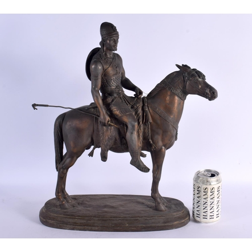 743E - A LARGE 19TH CENTURY EUROPEAN SPELTER FIGURE OF A MALE modelled on horseback. 48 cm x 30 cm.