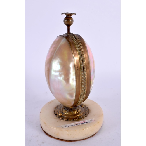 745B - A 19TH CENTURY FRENCH MOTHER OF PEARL GILT METAL SCENT BOTTLE HOLDER in the form of an egg. 14.5 cm ... 