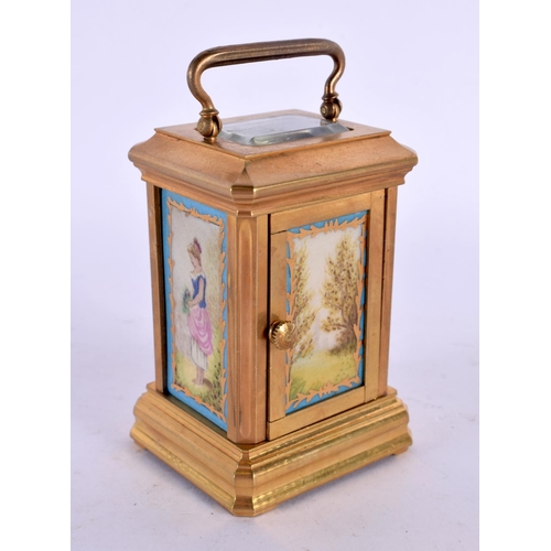 745D - A CONTINENTAL SEVRES STYLE MINIATURE CARRIAGE CLOCK. 9.25 cm high inc handle.