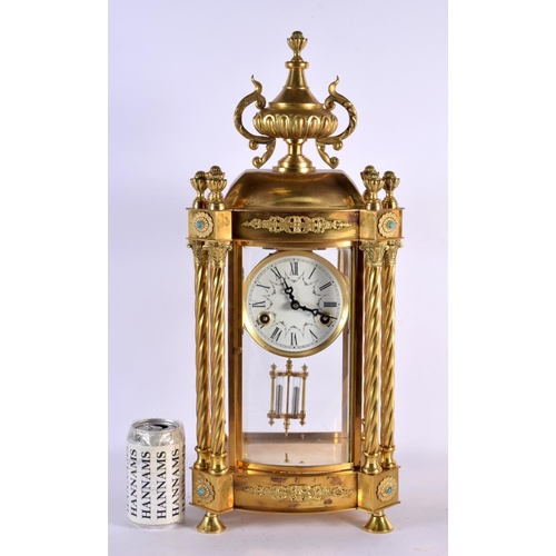 745 - A LARGE FRENCH GILT METAL AND TURQUOISE REGULATOR MANTEL CLOCK. 54 cm x 22 cm.