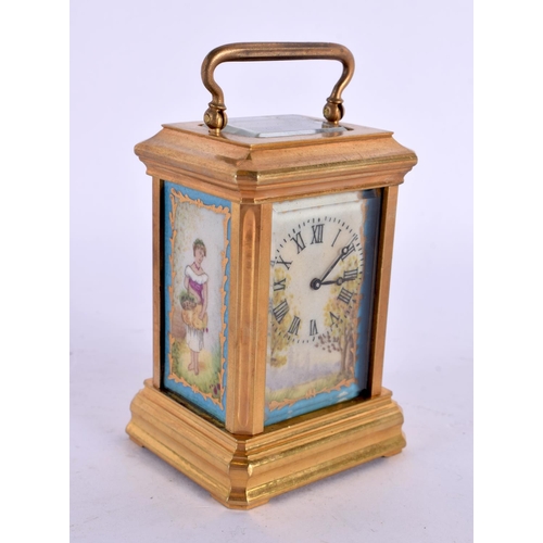 745D - A CONTINENTAL SEVRES STYLE MINIATURE CARRIAGE CLOCK. 9.25 cm high inc handle.