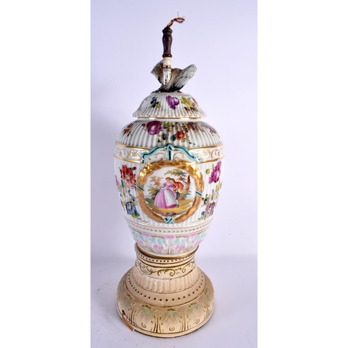 746 - A LARGE 19TH CENTURY DRESDEN PORCELAIN COUNTRY HOUSE LAMP painted with figures. 48 cm x 14 cm.