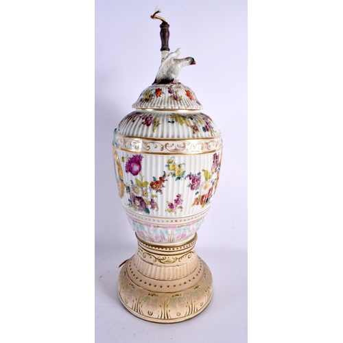 746 - A LARGE 19TH CENTURY DRESDEN PORCELAIN COUNTRY HOUSE LAMP painted with figures. 48 cm x 14 cm.