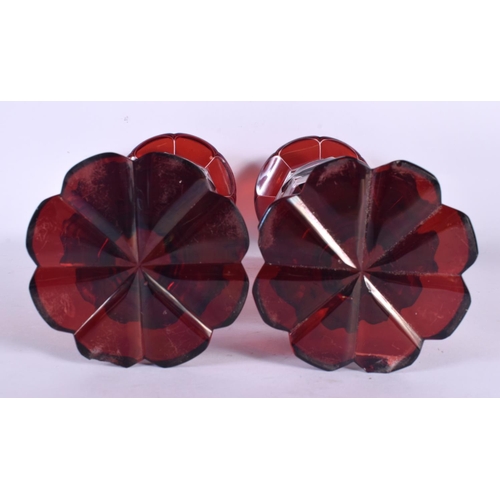 86 - A PAIR OF LATE 19TH CENTURY BOHEMIAN CRANBERRY GLASS VASES engraved with The Great Exhibition Indust... 