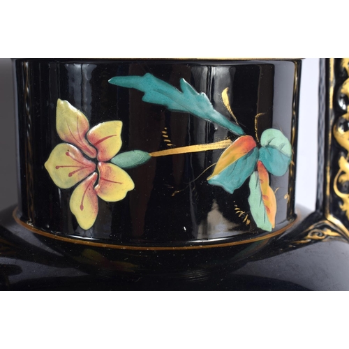 89 - A LARGE PAIR OF LATE 19TH CENTURY AESTHETIC MOVEMENT TWIN HANDLED VASES enamelled with butterflies a... 