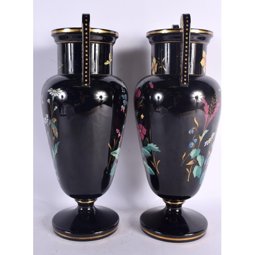 89 - A LARGE PAIR OF LATE 19TH CENTURY AESTHETIC MOVEMENT TWIN HANDLED VASES enamelled with butterflies a... 