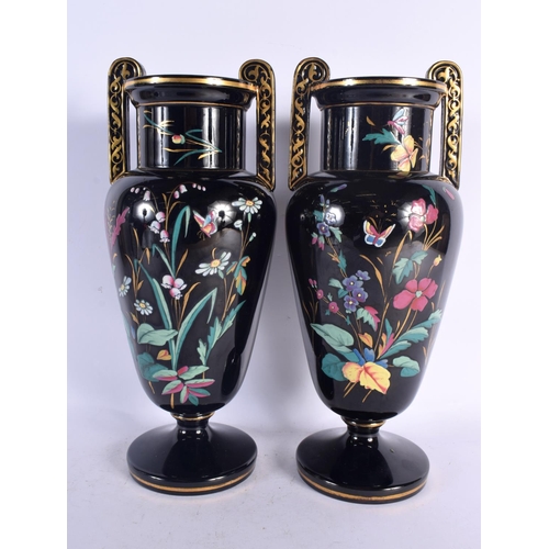 89 - A LARGE PAIR OF LATE 19TH CENTURY AESTHETIC MOVEMENT TWIN HANDLED VASES enamelled with butterflies a... 