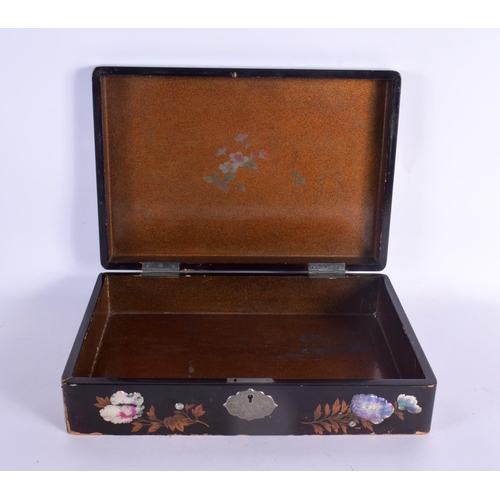 92 - A LARGE EARLY 20TH CENTURY JAPANESE MEIJI PERIOD BLACK LACQUER BOX AND COVER decorated with birds an... 