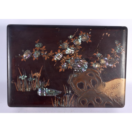92 - A LARGE EARLY 20TH CENTURY JAPANESE MEIJI PERIOD BLACK LACQUER BOX AND COVER decorated with birds an... 