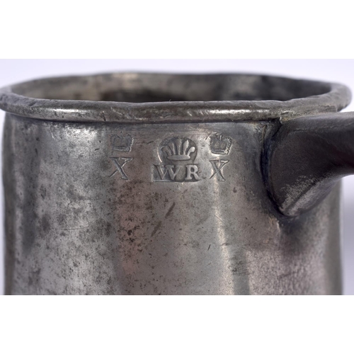 93 - TWO WILLIAM IV PEWTER MUGS together with other similar pewter. Largest 16 cm high. (7)