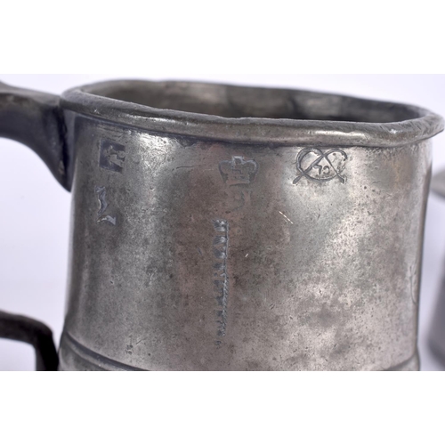 93 - TWO WILLIAM IV PEWTER MUGS together with other similar pewter. Largest 16 cm high. (7)