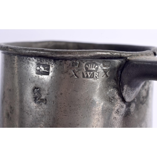 93 - TWO WILLIAM IV PEWTER MUGS together with other similar pewter. Largest 16 cm high. (7)