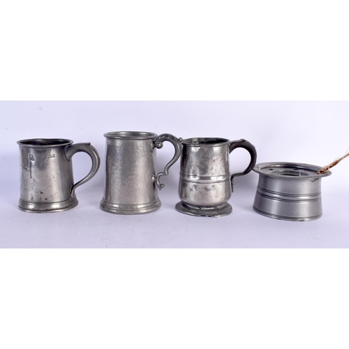 93 - TWO WILLIAM IV PEWTER MUGS together with other similar pewter. Largest 16 cm high. (7)