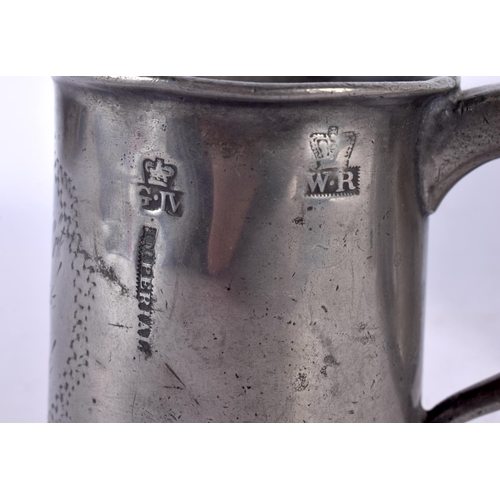 93 - TWO WILLIAM IV PEWTER MUGS together with other similar pewter. Largest 16 cm high. (7)