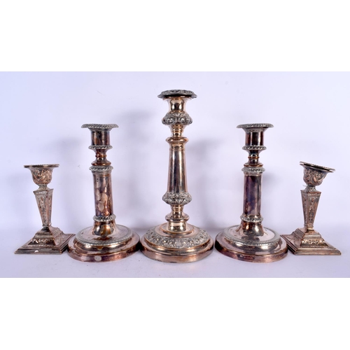 95 - A COLLECTION OF ANTIQUE OLD SHEFFIELD PLATE including candlesticks, a silver mounted wood tray etc. ... 