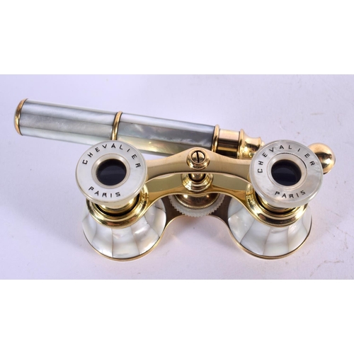 1271 - ANTIQUE FRENCH CHEVALIER MOTHER-OF-PEARL OPERA GLASSES.   4.4cm retracted, 5.4cm extended, handle 13... 