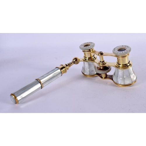 1271 - ANTIQUE FRENCH CHEVALIER MOTHER-OF-PEARL OPERA GLASSES.   4.4cm retracted, 5.4cm extended, handle 13... 