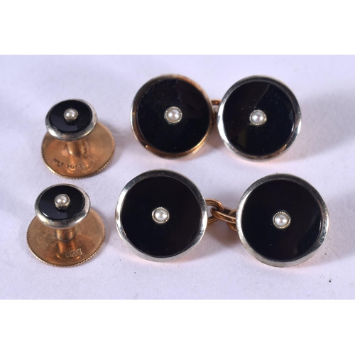 1283 - A PAIR OF 9CT GOLD, BLACK ENAMEL AND SEED PEARL CUFFLINKS TOGETHER WITH 2 MATCHING COLLAR STUDS.  1.... 