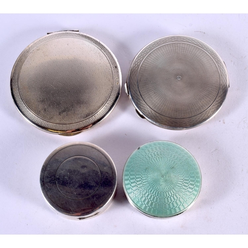 1285 - THREE SILVER POWDER COMPACTS TOGETHER WITH ANOTHER,  Marked London 1863, Birmingham 1931 and Sterlin... 