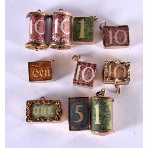 1286 - TEN 9CT GOLD BANK NOTE CHARMS.  Largest 2.6cm x 1.3cm, total weight 11.6g (10)