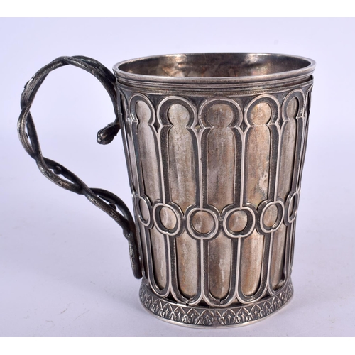 1292 - A CONTINENTAL SILVER MUG WITH NEO CLASSICAL DESIGNS.  9.2cm x 10cm x 7cm, weight 141.3g