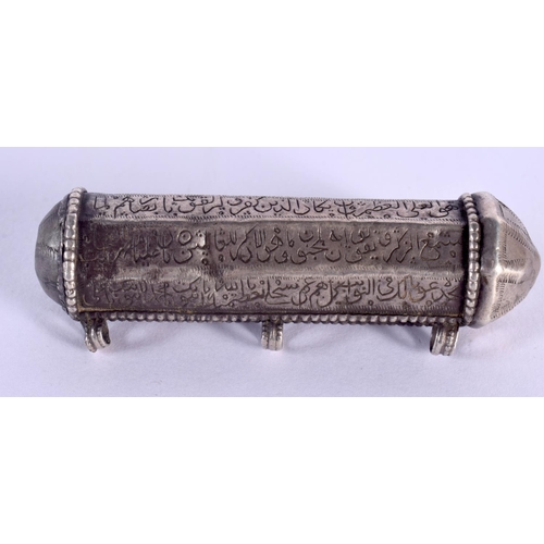 1550 - A 17TH CENTURY SAFAVID PERSIAN SILVER ENGRAVED QURAN HOLDER finely incised with bands of calligraphy... 