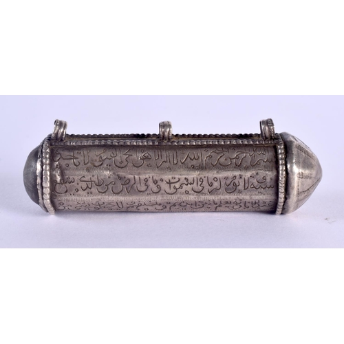 1550 - A 17TH CENTURY SAFAVID PERSIAN SILVER ENGRAVED QURAN HOLDER finely incised with bands of calligraphy... 