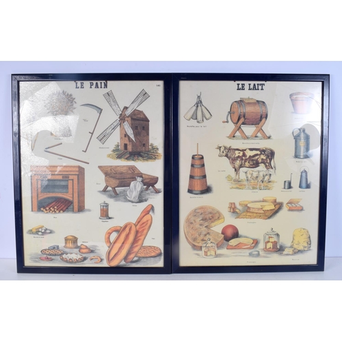 3095 - A PAIR OF FRAMED FRENCH PRINTS depicting the process of making bread and cheese. 60 cm x 46 cm.