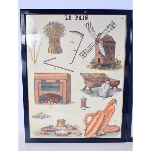 3095 - A PAIR OF FRAMED FRENCH PRINTS depicting the process of making bread and cheese. 60 cm x 46 cm.