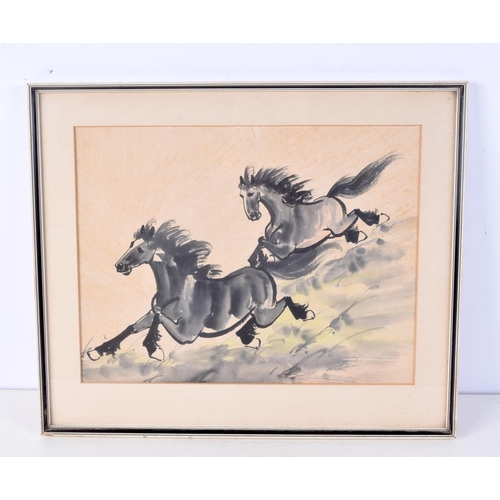 3100 - A FRAMED CHINESE INKWORK OF HORSES 20th Century. 28 cm x 37 cm.